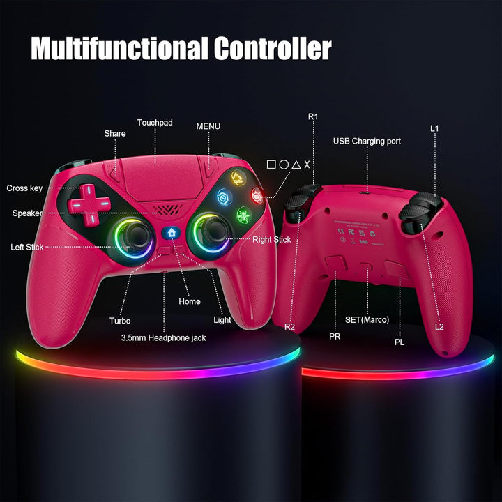Lapezei RGB Wireless Controller für PS5/Slim/Pro/PC, Gamepad mit Rücktasten, Turbo, Makro, Lautsprec