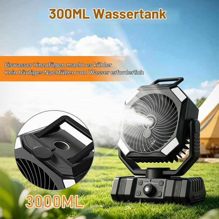 Richday Camping Ventilator mit Wasserkühlung, 20000mAh Akku, 300ml Wassertank, 2 Nebelmodi, 270° dre