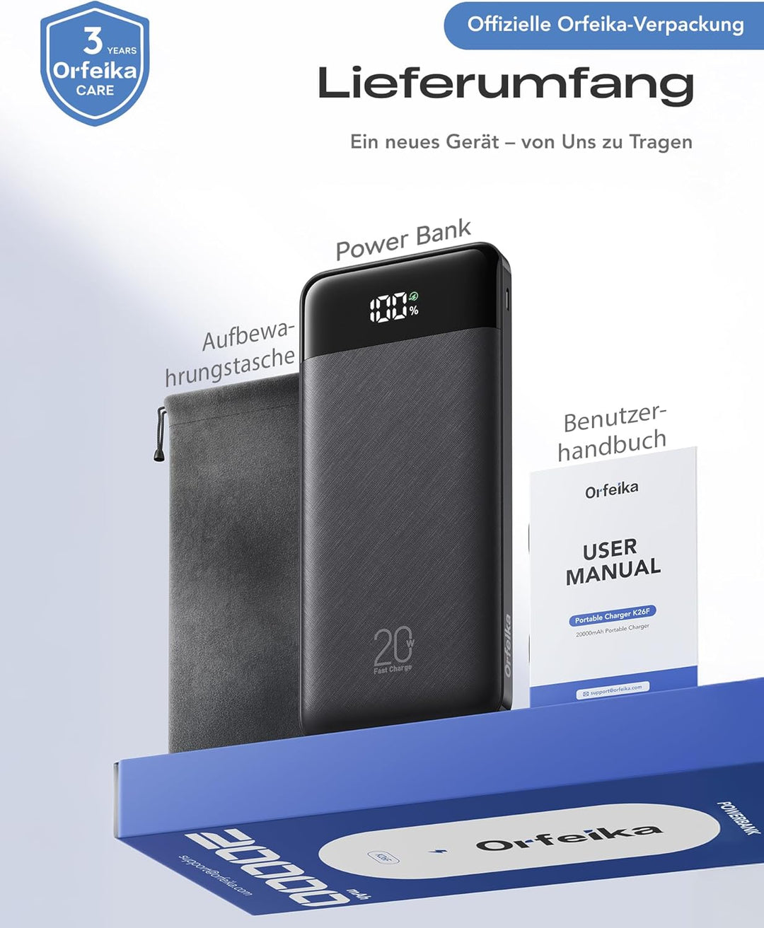 Orfeika 20000mAh Powerbank mit 4 Integrierten Kabeln, 20W PD-Schnellladung Power Bank, Externer Akku