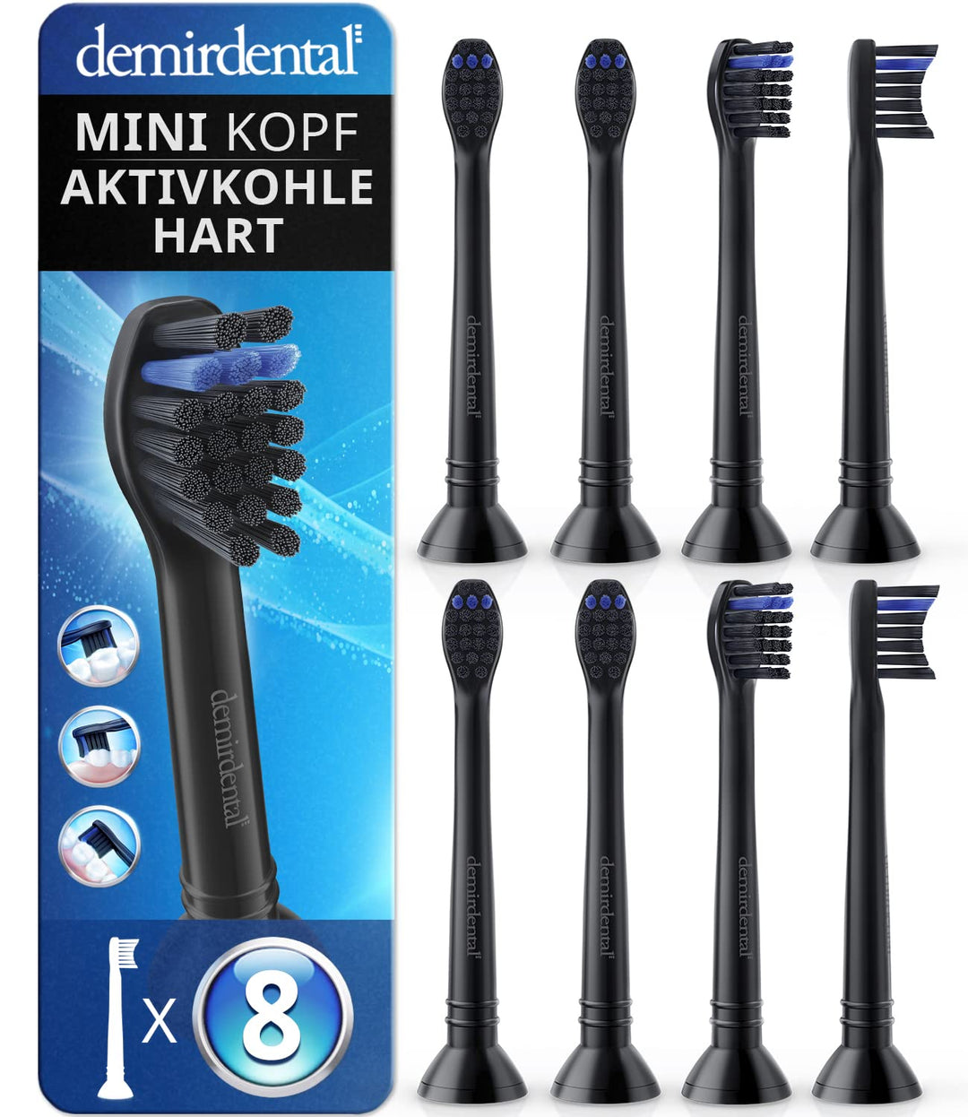 8er demirdental Ersatzbürsten passend für Philips Sonicare, Mini Aktivkohle Aufsätze & Aufsteckbürst