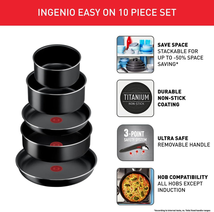Tefal Ingenio Easy ON Töpfe & Pfannen-Set, 10-teilig, stapelbar, abnehmbarer Griff, platzsparend, an