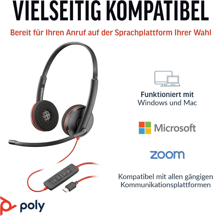 Schnurgebundenes USB-C-Headset Poly Blackwire 3220 – Noise Cancelling-Mikrofon – Stereo-Design – Ver