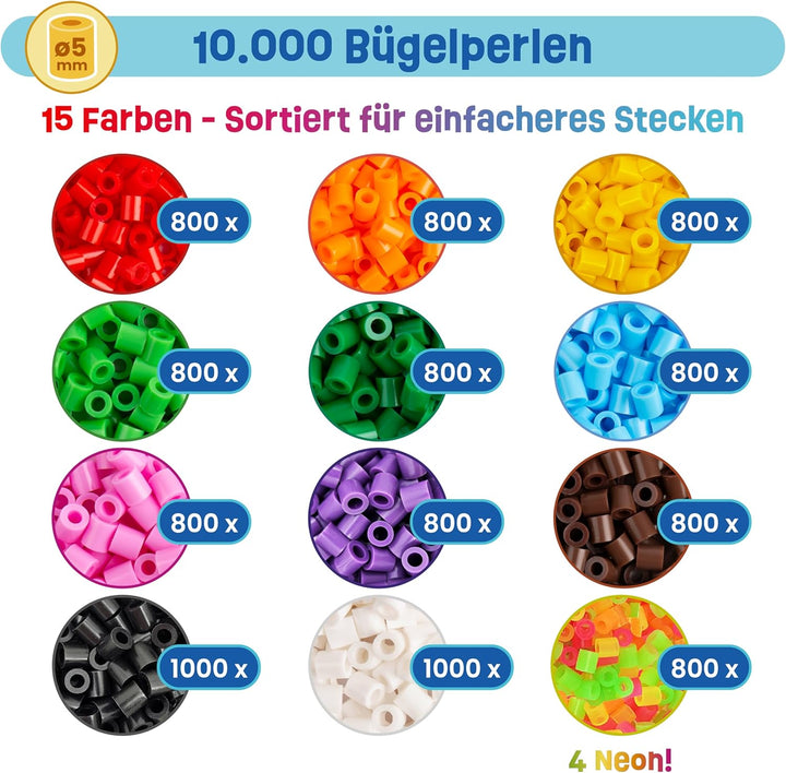 Smowo® 10.000 Bügelperlen Set inkl. 15 Farben, Steckplatten und Zubehör - 5mm Perlen Basteln Box - P