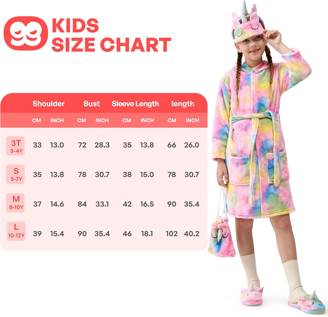 JOYIN Einhorn Bademantel Kinder mit Kapuze Nachtwäsche mit Augenbinde, Tasche, Hausschuhe und Stirnb