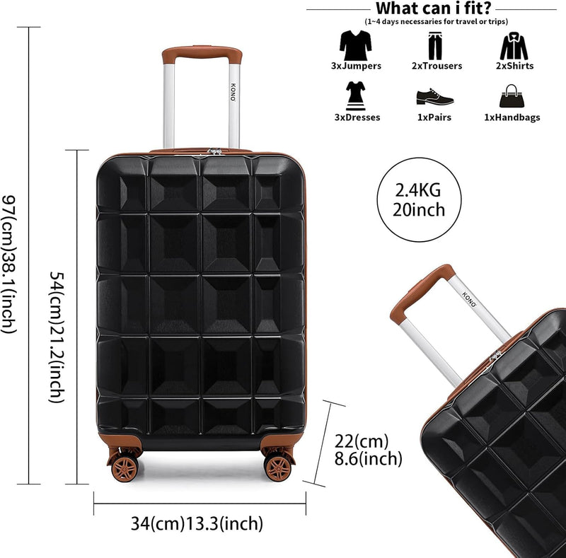 KONO Gepäck-Sets Kofferset 2 Teilig Handgepäck Koffer mit Beautycase (54cm+Kosmetikkoffer, Schwarz/B