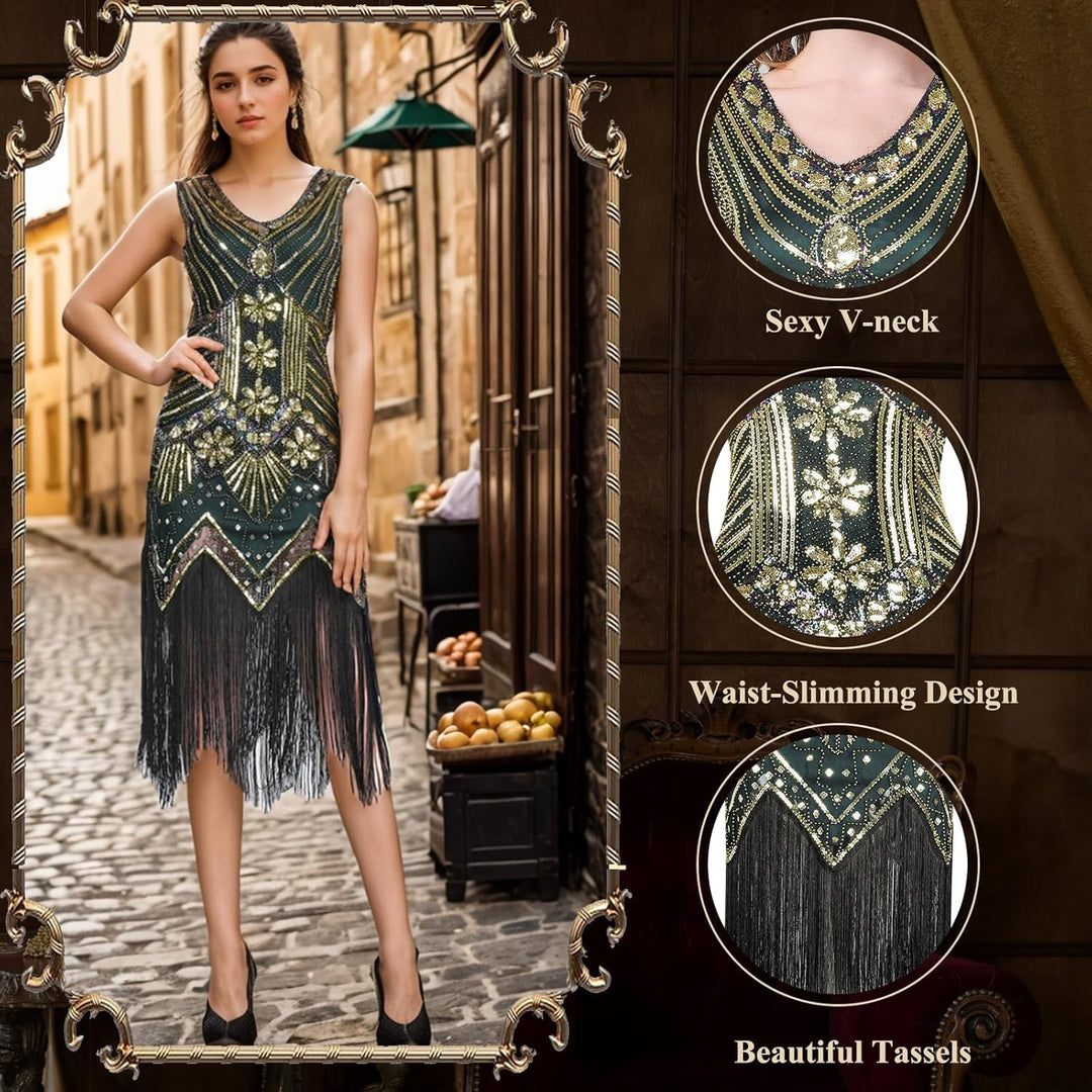 FEPITO 1920er Jahre Kleid mit V-Ausschnitt, Pailletten, Perlen und Fransen XL Green（style 3）, XL Gre