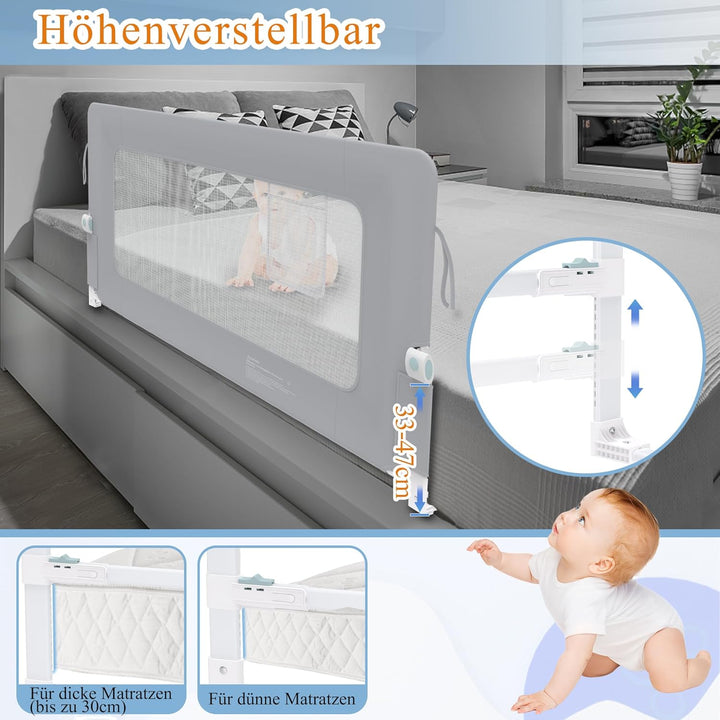 HENGMEI Rausfallschutz Bett 200 cm Bettgitter Bettschutzgitter Kinderbettgitter Zusammenklappbar um