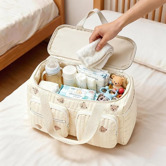 Grosse Wickeltasche & Kliniktasche für Mütter, aus Baumwolle mit Bestickung, grosses Fassungsvermöge