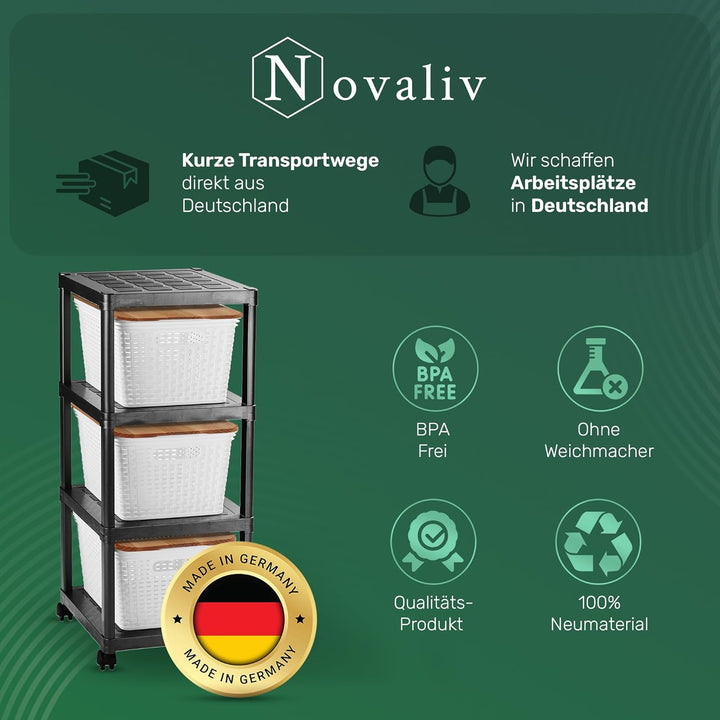 Novaliv 2x Rollwagen 4 Etagen mit 6x Rattankorb & Holz-Deckel, Badezimmer-Regal Badregal Bad Küche,