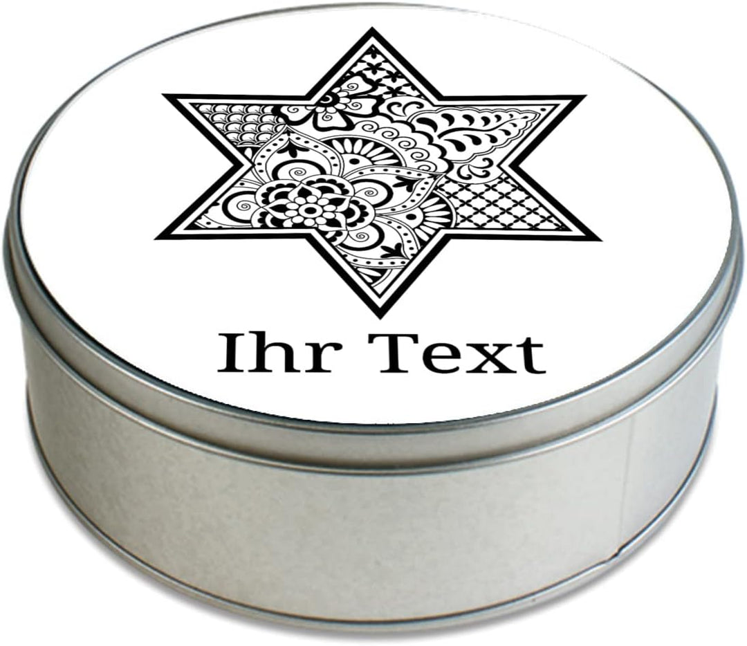 gravur-farbik.de – personalisierbare runde Dose mit Name oder Wunschtext – Zentangle Stern Motive –