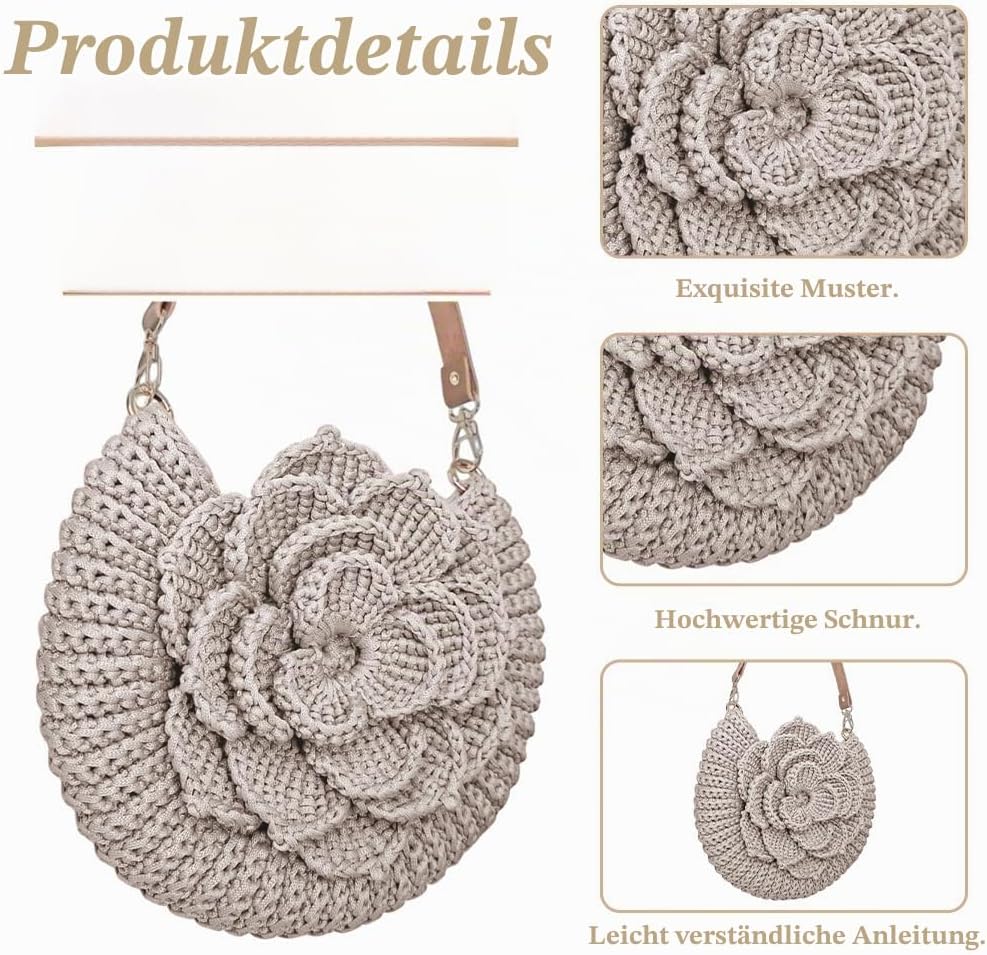 FREEBLOSS Häkeltaschen-Set für Anfänger mit Schritt-für-Schritt-Videos Stricktasche mit Blumen