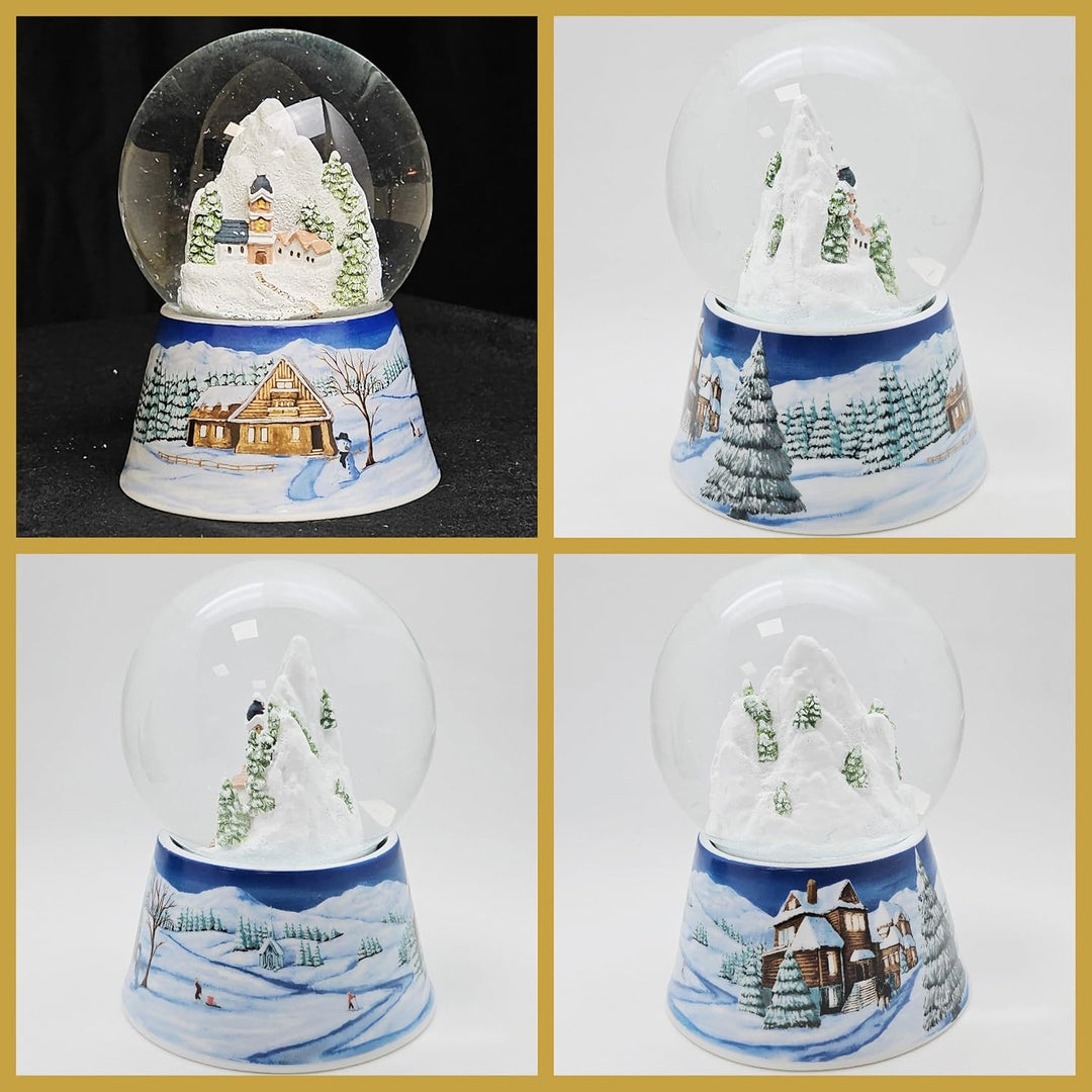 Schneekugel Weihnachten Spieluhr | Bergdorf mit Kirche | Sockel Winterlandschaft Mittelblau | Musik