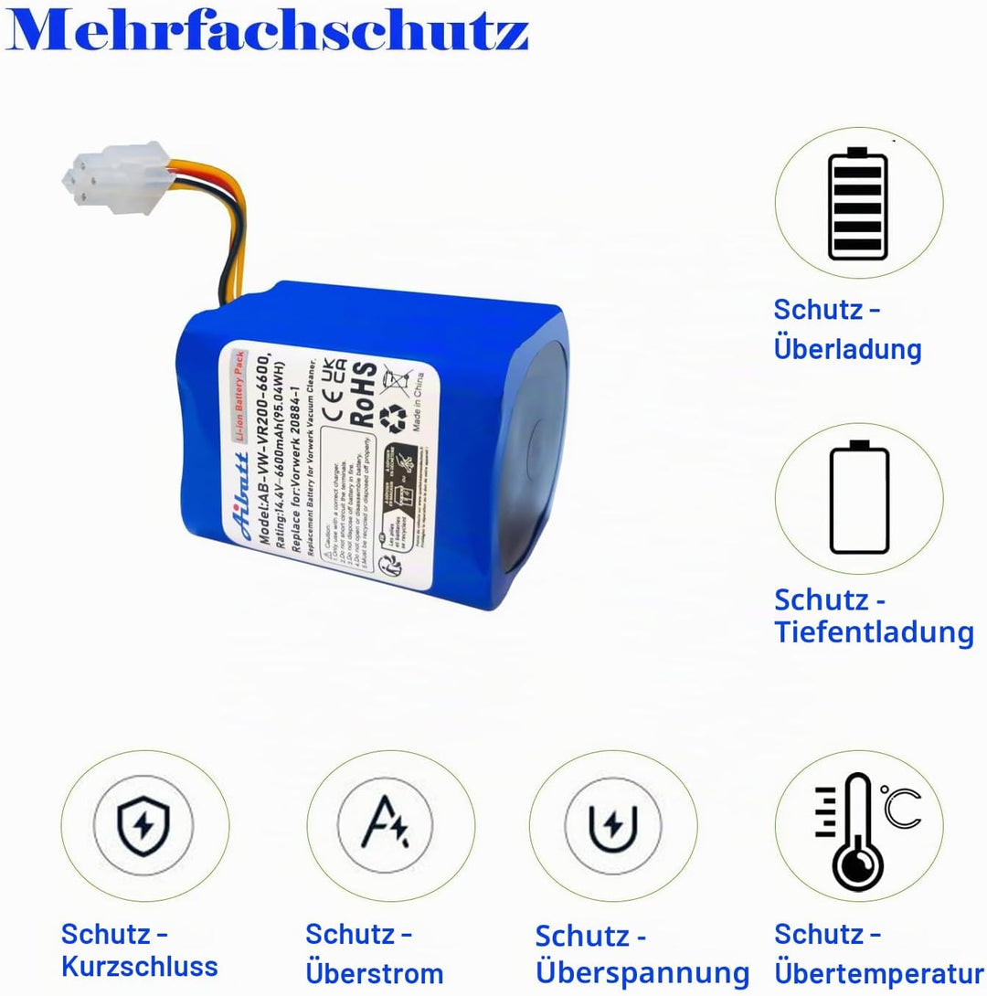 6600mAh Li-Ion Akku, Ersatzakku für Vorwerk Kobold VR200 Staubsauger, Ersatz für Vorwerk 20884-1, 4N