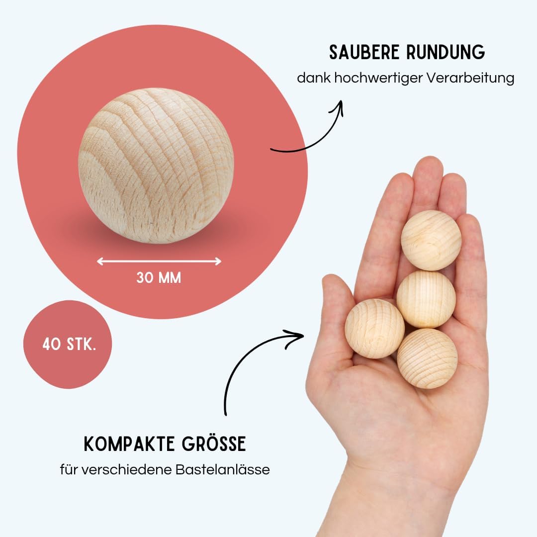 EV® Holzkugeln ohne Loch - 40 Stück 30mm Durchmesser - Made in Austria - Grosse Holzperlen ohne Bohr