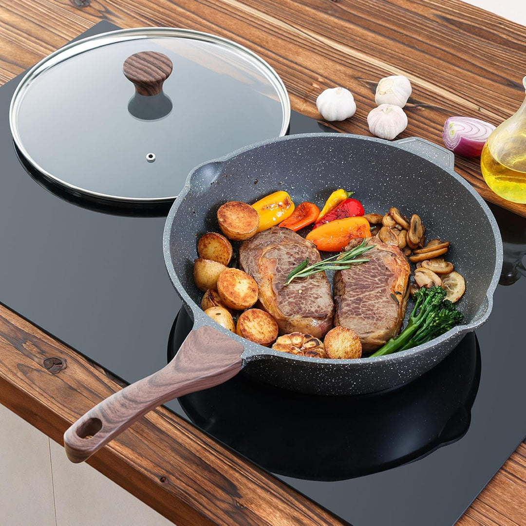 SENSARTE Antihaft Pfanne 28cm, Tiefe Bratpfanne mit Deckel, Schweizer Granitbeschichtung Kochpfanne