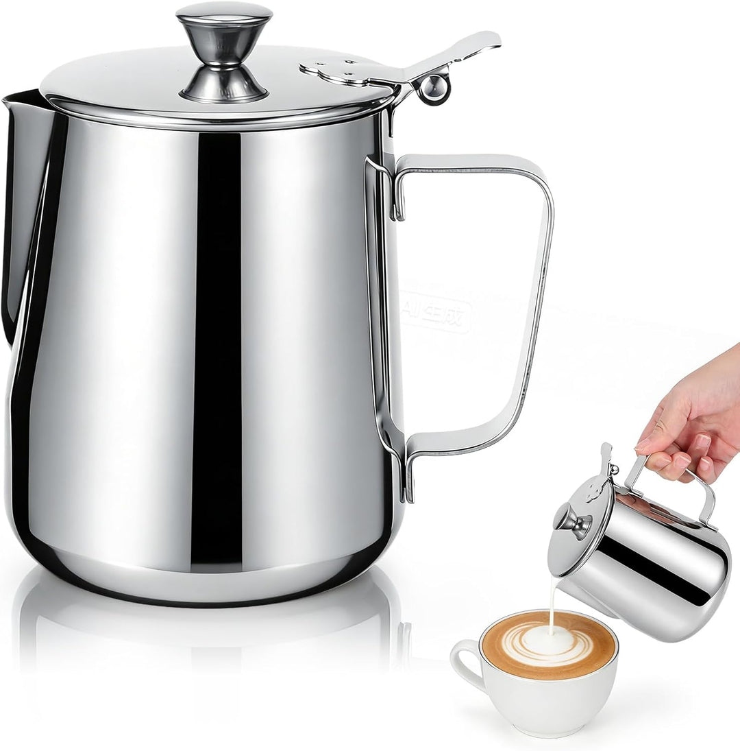 Milchkännchen mit Deckel, 600 ml/1000 ml, Milchaufschäumkännchen,Edelstahl Milchkännchen,Edelstahl-K