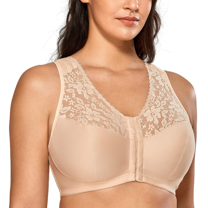DELIMIRA Damen Vorderverschluss BH ohne Bügel Grosse Grössen mit Spitze Racerback 75C Beige, 75D