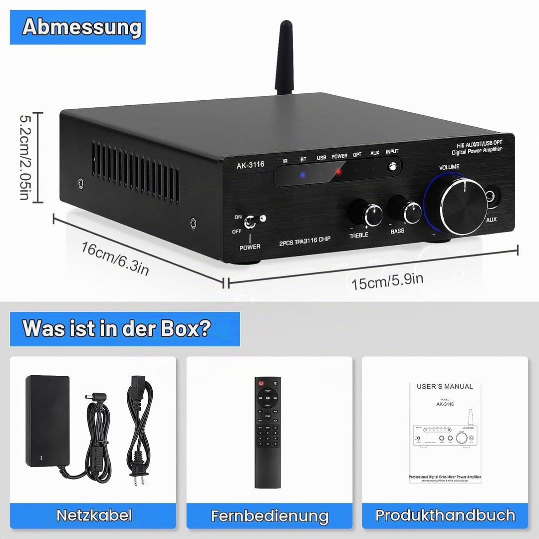 HiFi-Verstärker mit Bluetooth 5.3, AK-3116 Mini Stereo Audioverstärker 2.0-Kanal 100W x 2 Empfänger