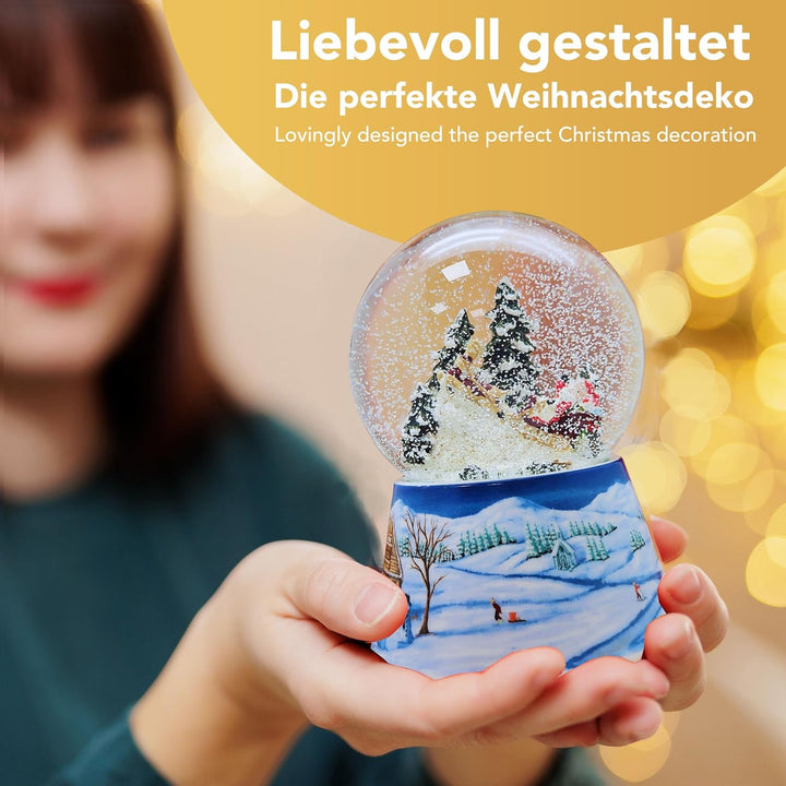 Schneekugel Weihnachtsmann im Schlitten auf Sockel nostalgische Schneelandschaft Mittelblau Weihnach