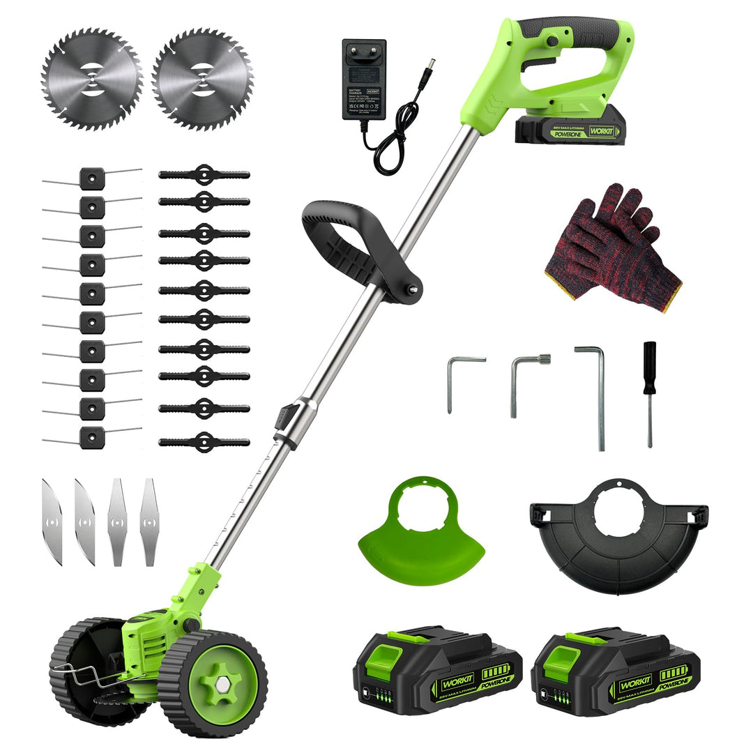 WORKIT 800W Akku Rasentrimmer mit Rädern, 3-in-1 Freischneider Akku & Rasenmäher-Modus, inkl. 2x 2,0