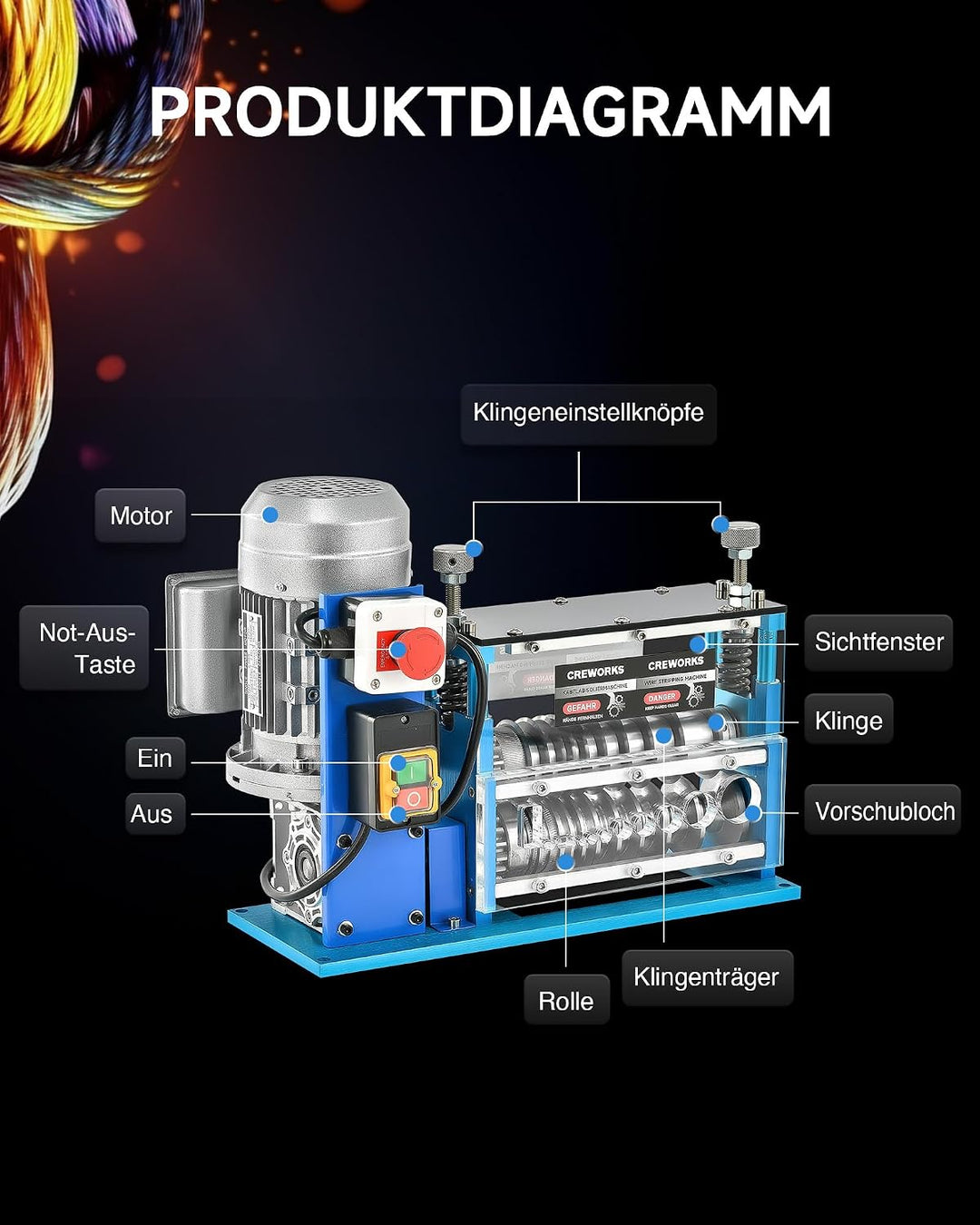 CREWORKS Elektrische Kabelabisoliermaschine 370W Kabelschälmaschine Abisoliermaschine Kabel Abisolie