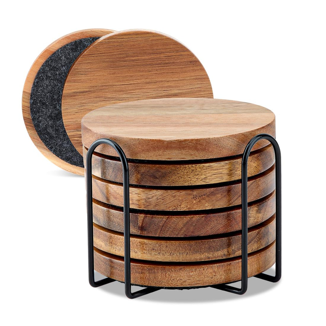 Untersetzer Gläser Holz 6er Set, Untersetzer aus Akazienholz & Filz mit Halter, Glasuntersetzer Holz