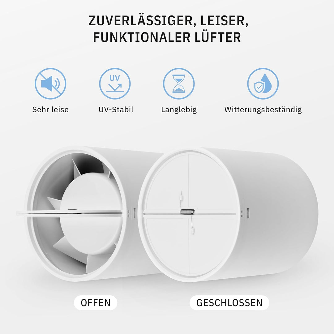 INLINE Zuluft-Abluftventilator 100mm, Rohrventilator mit Rückstauklappe, Badlüfter, Grow Tent, Boost