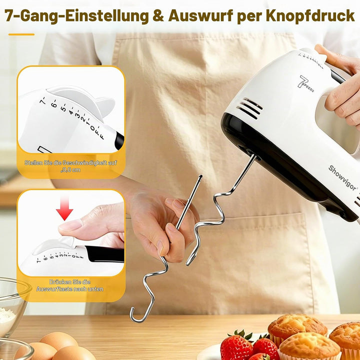 Handmixer Elektrisch 300W mit 7 Geschwindigkeiten, Ergonomischer Griff, Handrührgerät inkl. 2 Rührbe