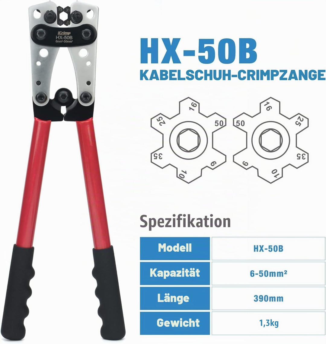 iCrimp Batteriekabelschuh Crimpzange Set, Kabelschuhzange für Robuste Kupferschuhe und Flachstecker,