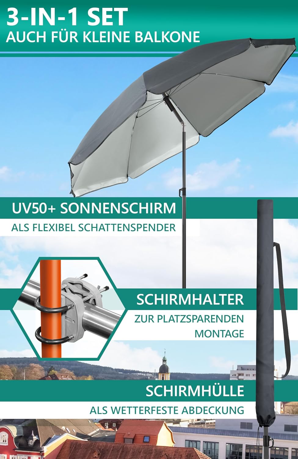 4smile Sonnenschirm Balkon SunnyJoy Ø 180 cm, 3-IN-1 Set - UPF 50+ Balkon Schirm + Sonnenschirmhalte