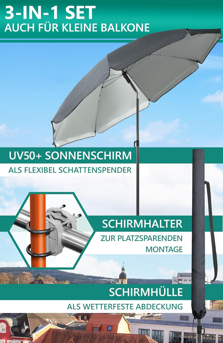 4smile Sonnenschirm Balkon SunnyJoy Ø 180 cm, 3-IN-1 Set - UPF 50+ Balkon Schirm + Sonnenschirmhalte