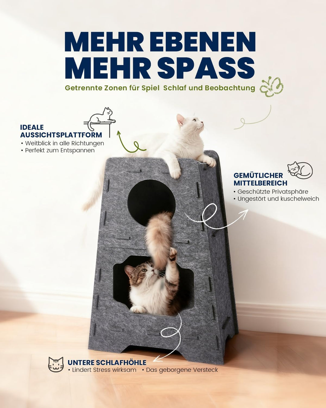 Pawtasy Katzenhöhle Filz Katzenhaus aus Filz für grosse Katzen, Katzen Höhle 3-Ebenen, Trapezform St