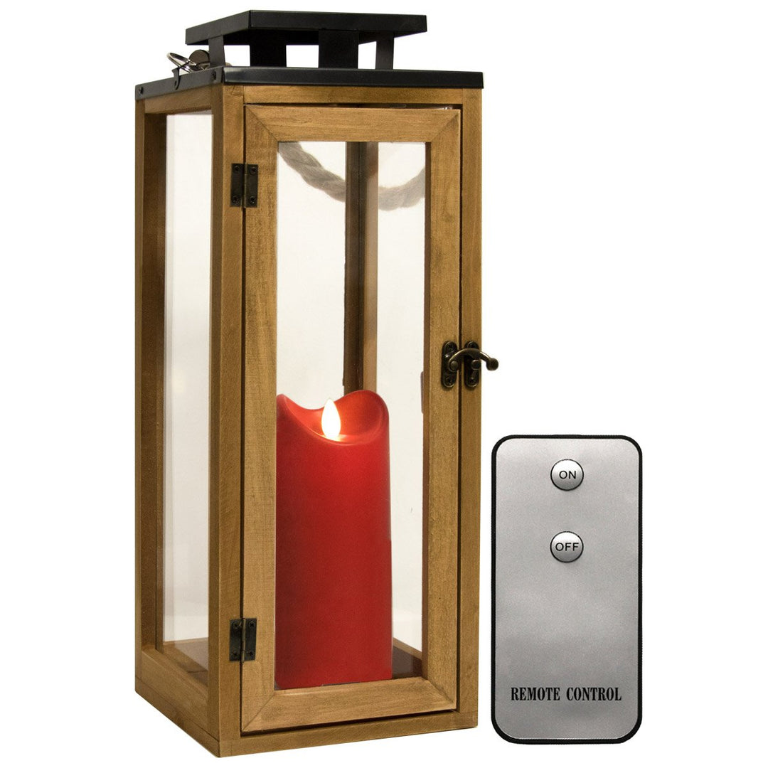 Dekovita 42cm Holz-Laterne - Gartenlaterne inkl. 18cm Outdoor LED Kerze in Rot mit Timer Fernbedienu