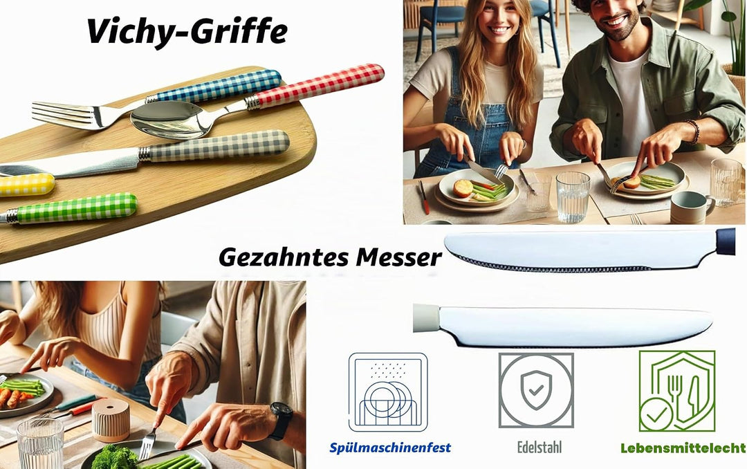 EXZACT Edelstahl-Besteck Set 24 Stück - Gingham Farbige Griffe - 6 x Tafelgabeln, 6 x Tafelmesser, 6