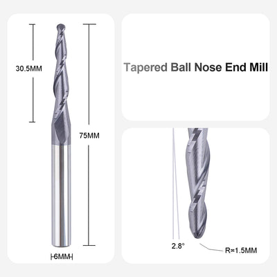 SpeTool Kugelkopffräser Konische Fräser CNC 2 Flöten 1,5 mm Radius Gravierfräser 6mm Schaft mit TiAl