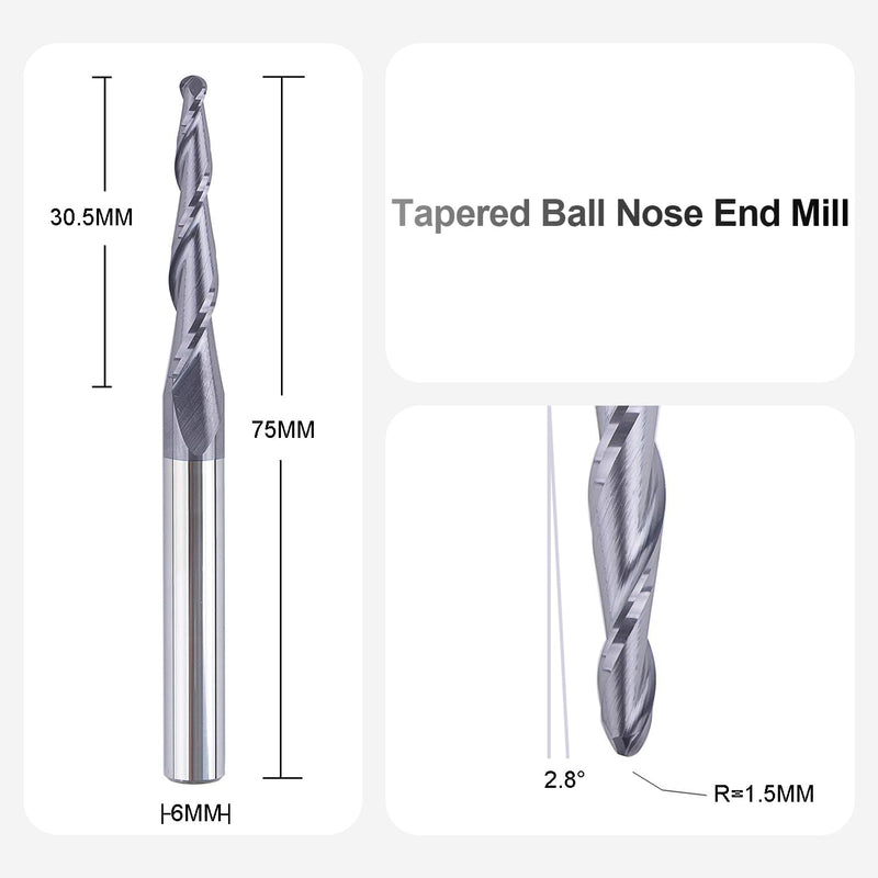 SpeTool Kugelkopffräser Konische Fräser CNC 2 Flöten 1,5 mm Radius Gravierfräser 6mm Schaft mit TiAl