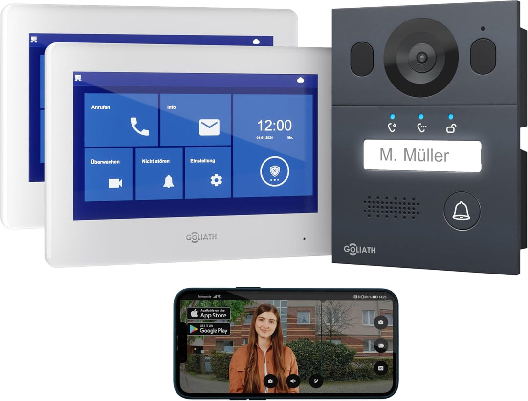 GOLIATH Basic Video Türsprechanlage, 2 Draht Bus, 2X 7 Monitor, Unterputz Türklingel mit Kamera, Geg