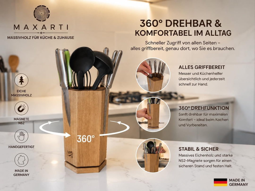 360° Drehbarer Magnetischer Messerblock Magnetisch Messerhalter aus Eichen holz mit starken Magneten