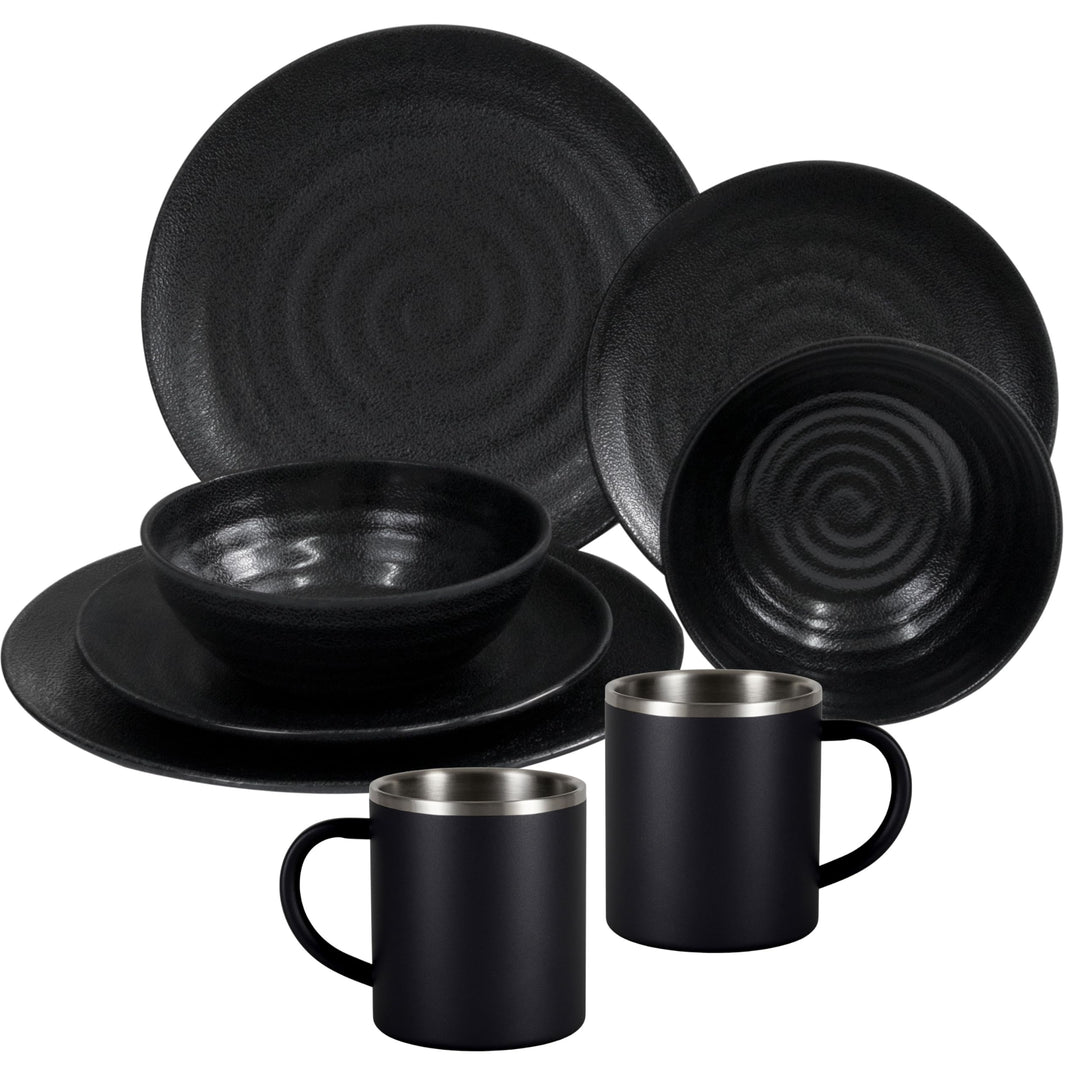 Melamin Geschirr Set Schwarz mit Edelstahl Thermo Tassen doppelwandig - Essgeschirr - Campinggeschir