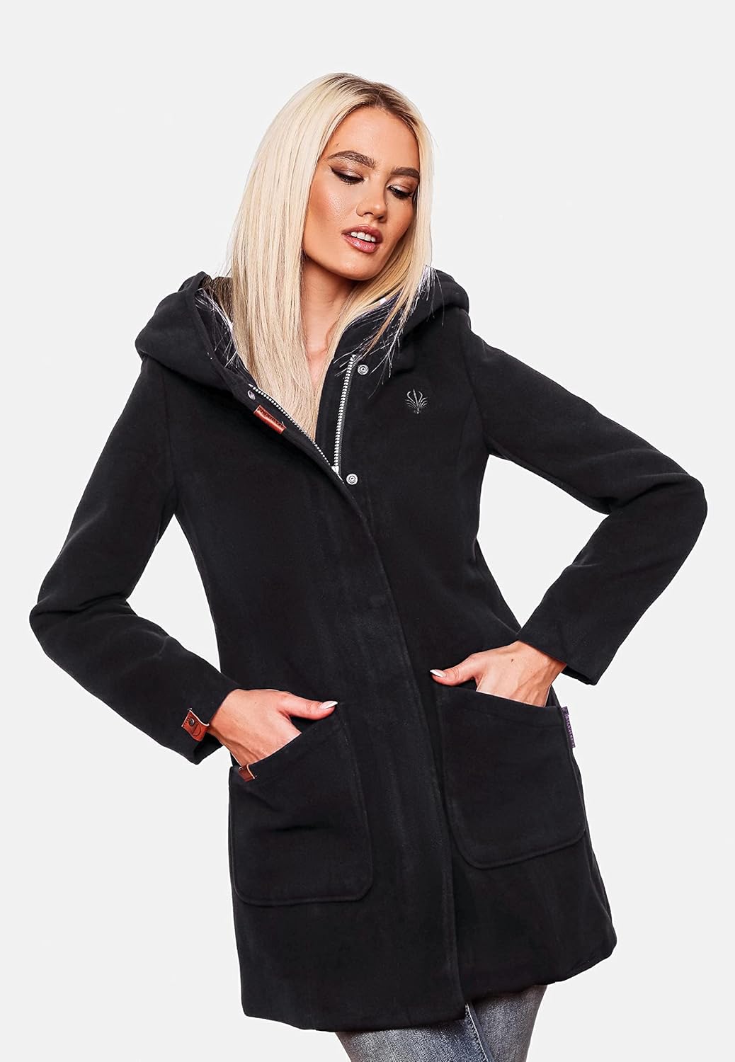 MARIKOO Damen Mantel in Wollmantel-Optik warmer Trenchcoat mit Kapuze Maikoo XS-5XL XL Dark Navy, XL