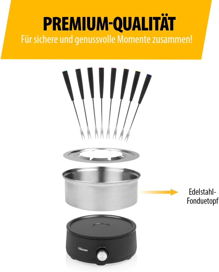 Tristar Fondue-Set, 1,5 L Edelstahl, 2-in-1 mit Crêpe-Funktion, PFAS-frei, Spülmaschinenfeste Teile,