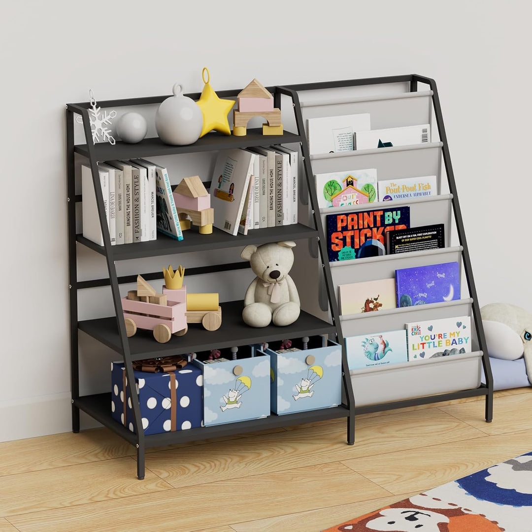 Bücherregal Kinder Metall mit 5 Fächern und 3 Abalege, Kinderregal Montessori Spielzeug-Organizer fü