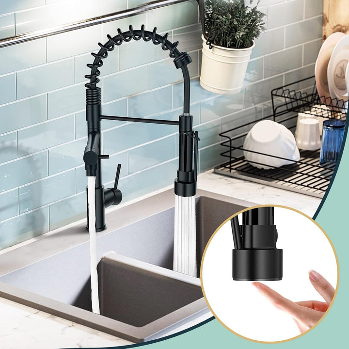 FORIOUS Wasserhahn Küche Schwarz,Edelstahl-Küchenarmatur Spülarmaturen Küche, Zweigriff-Mischbatteri