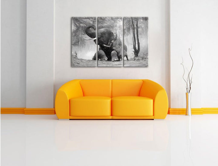Pixxprint Mönch mit Elefanten im Wald / 3-Teilig/Gesamtmass 120cm Leinwandbild bespannt auf Holzrahm