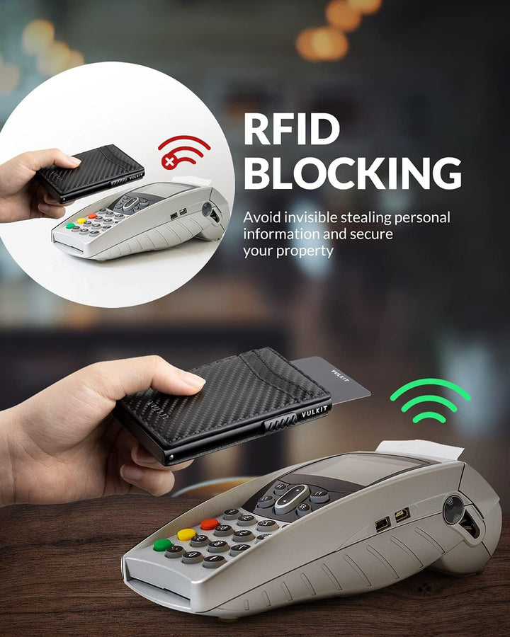 VULKIT Kreditkartenetui Leder Kartenetui RFID Blocking Automatische Pop Up Visitenkartenetui für Kar