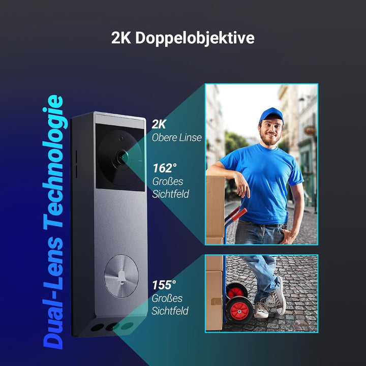 EZVIZ Video Türklingel mit Chime, Türsprechanlage mit Doppelkamera 2K & Solarpanel, Personen-/Pakete