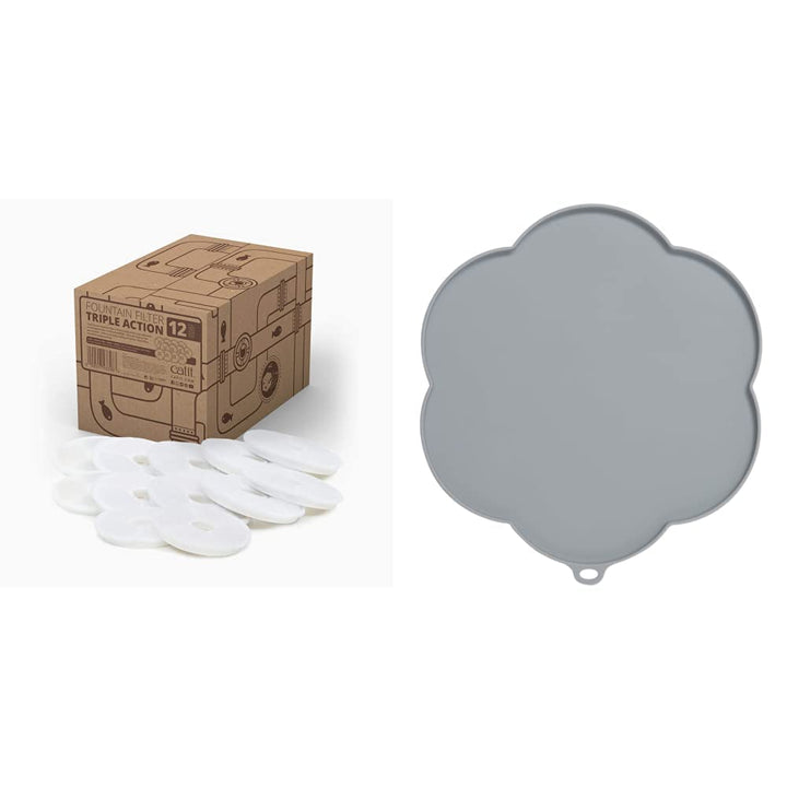 Catit Triple Action Filter, 3fach wirksamer Ersatzfilter, Trinkbrunnenfilter, 12er Pack & Silikonmat