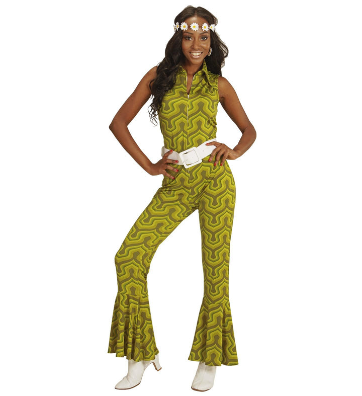70er Jahre Retro JUMPSUIT mit Tapetenmuster Grün Disco Damen Kostüm Overall Siebziger Schlager 70's,