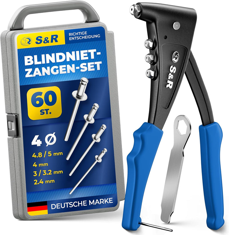 S&R Blindnietzangen-Set mit 60 Nieten: 2,4 mm, 3,0/3,2 mm, 4,0 mm, 4,8/5,0 mm Nietzange Set mit Zang