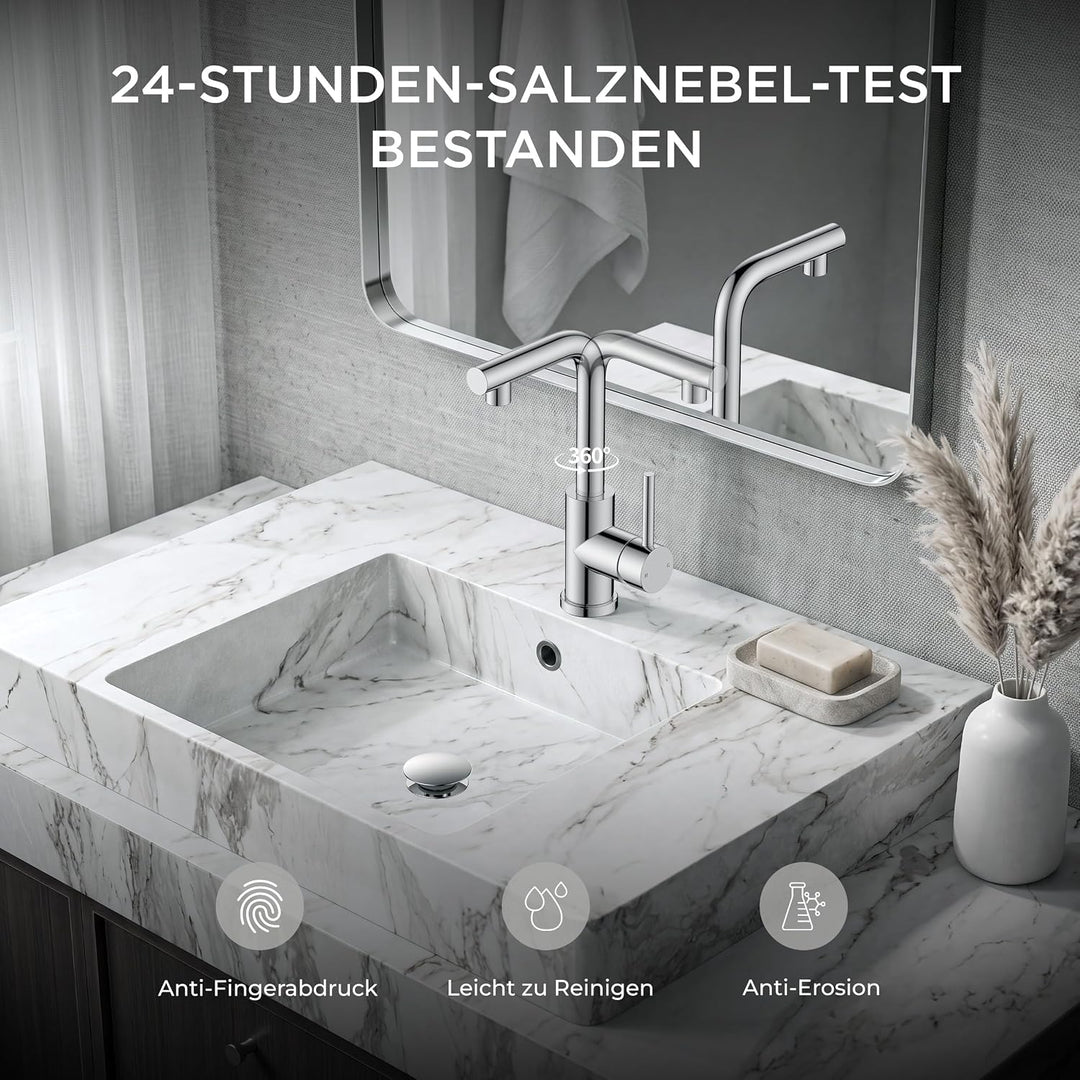 FORIOUS® Premium Wasserhahn Bad Chrom,Design Waschtischarmatur Hoch 225mm Auslaufhöhe 225mm Polierte